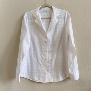 Foxcroft Womens Non Iron White Diamond Jacquard Button Down Shirt Size 10